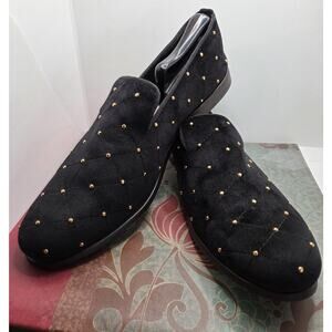 May Anthony Mens Loafers Henry Handmade Quilted Black Velvet Gold Accents 12 W